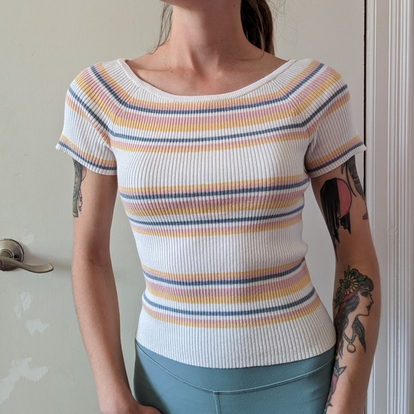 Pastel Striped Stretchy Knit Scoop Neck Top - Picture 5 of 6